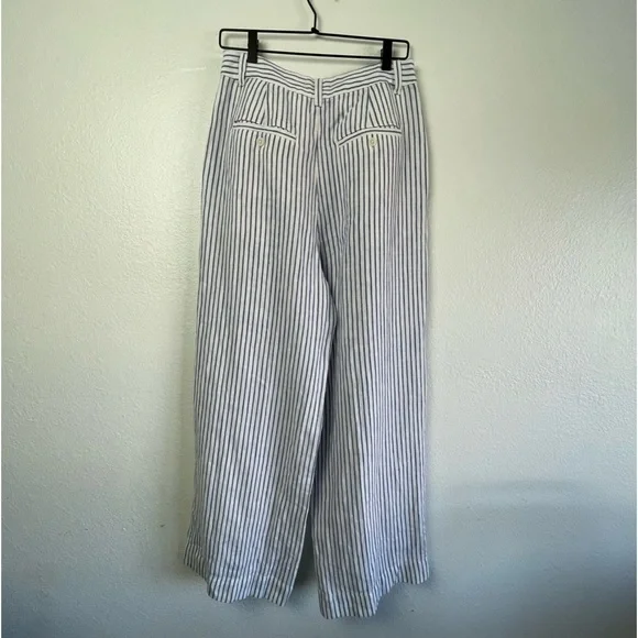 Madewell The Harlow Wide-Leg Pant in 100% Linen White/Blue Stripes Size 8 NWT